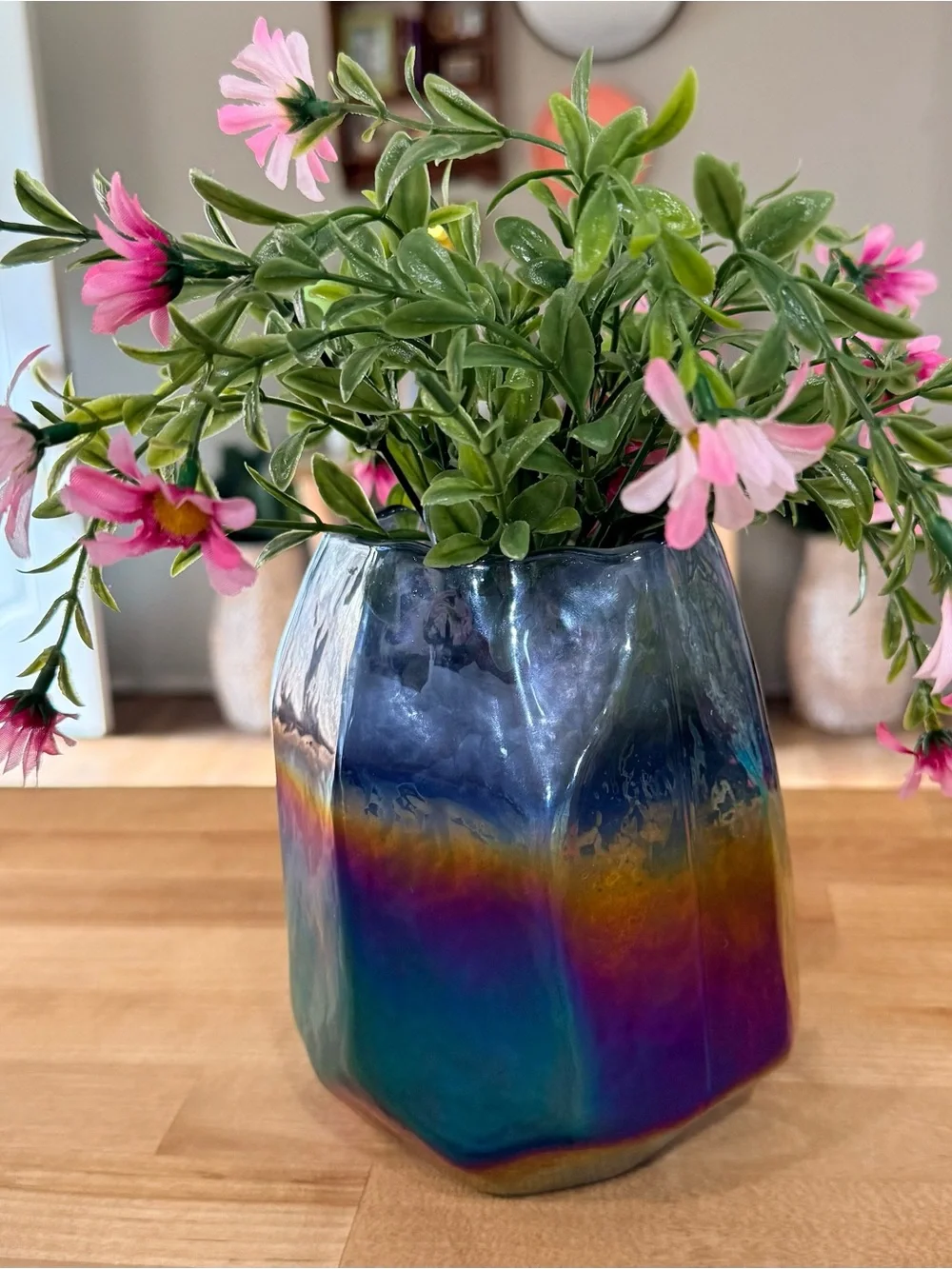 Iridescent Faceted Rainbow Glass Vase